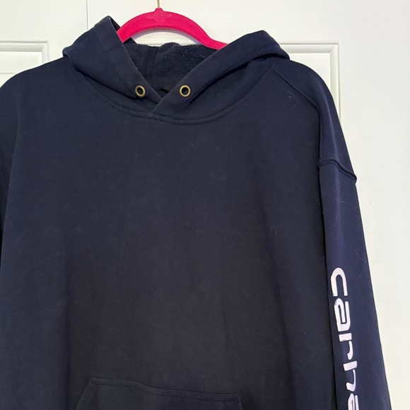 Carhartt Dark Blue Hoodie with White Sleeve Logo - Picture 2 of 2